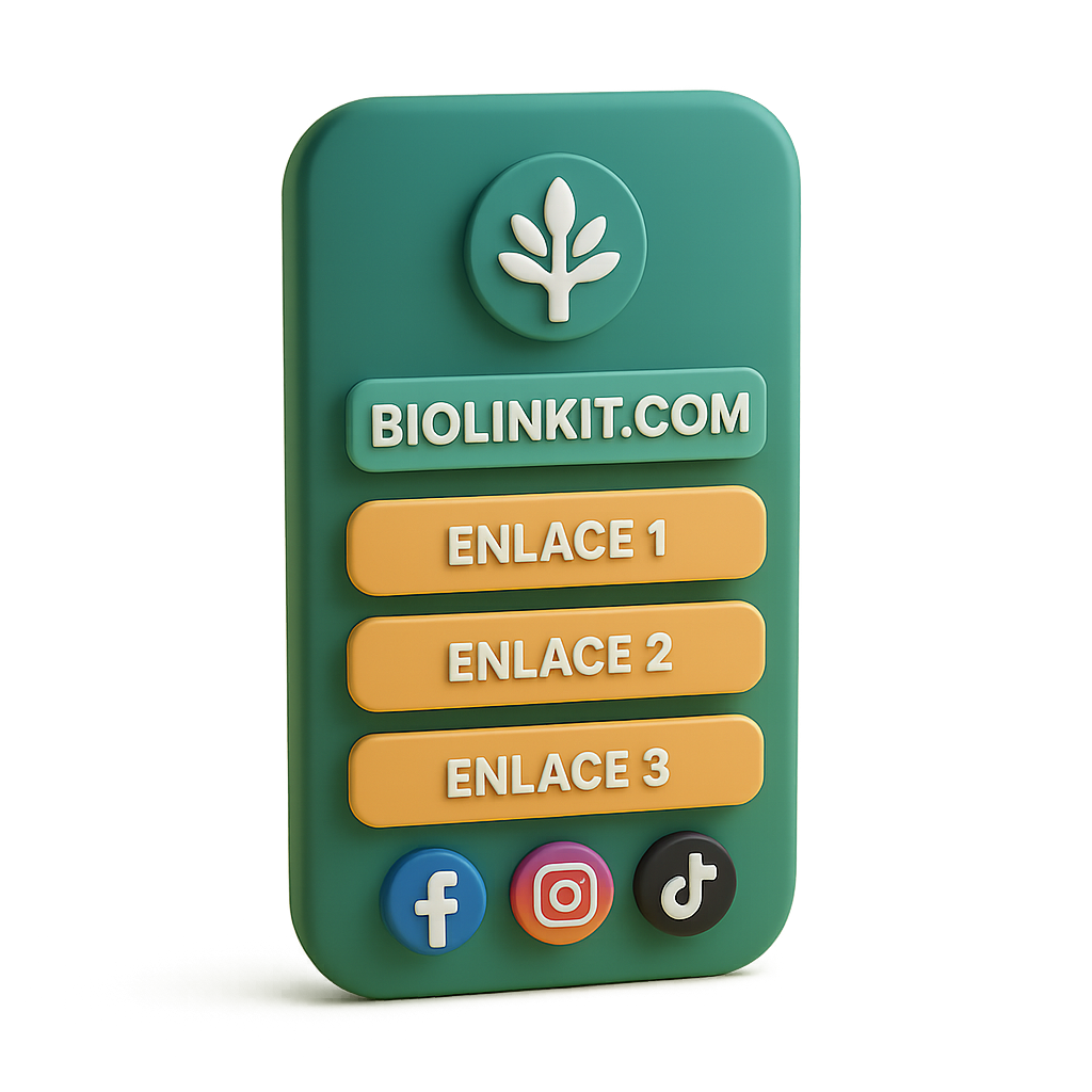 Linktree, pero con la leyenda biolinkit.com con 3 bloques de enlaces ,  enlace 1 enlace 2 enlace 3 y enlaces a redes sociales facebook, instagram tiktok , solo que aparezcan los iconos