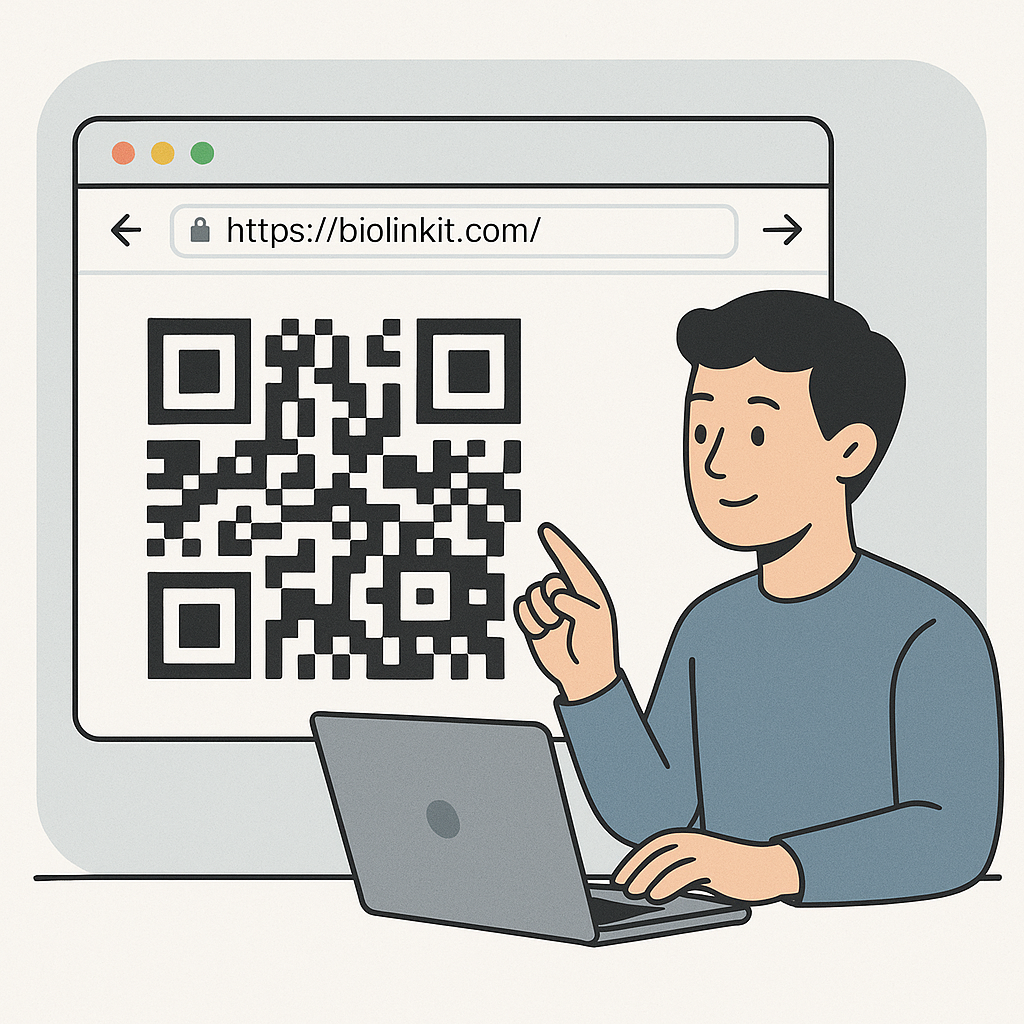 Generate a hero image for a website that allows you to create QR codes. I would like a window with a QR code and in the window the URL of my website appears: https://biolinkit.com/ that looks like a browser, put a person who appears who is creating the QR code and do not include text, only what goes in the browser URL.