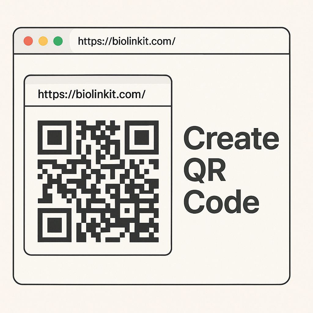 Generate a hero image for a website that allows you to create QR codes. I come up with a window with a QR code and in the window the URL of my website appears: https://biolinkit.com/ that looks like a browser.
