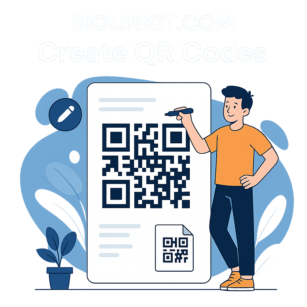 Imagen para un sitio web que permite crear códigos qr, el nombre de mi sitio web se llama Biolinkit.com algo que represente que mi sitio web permite crear códigos qr